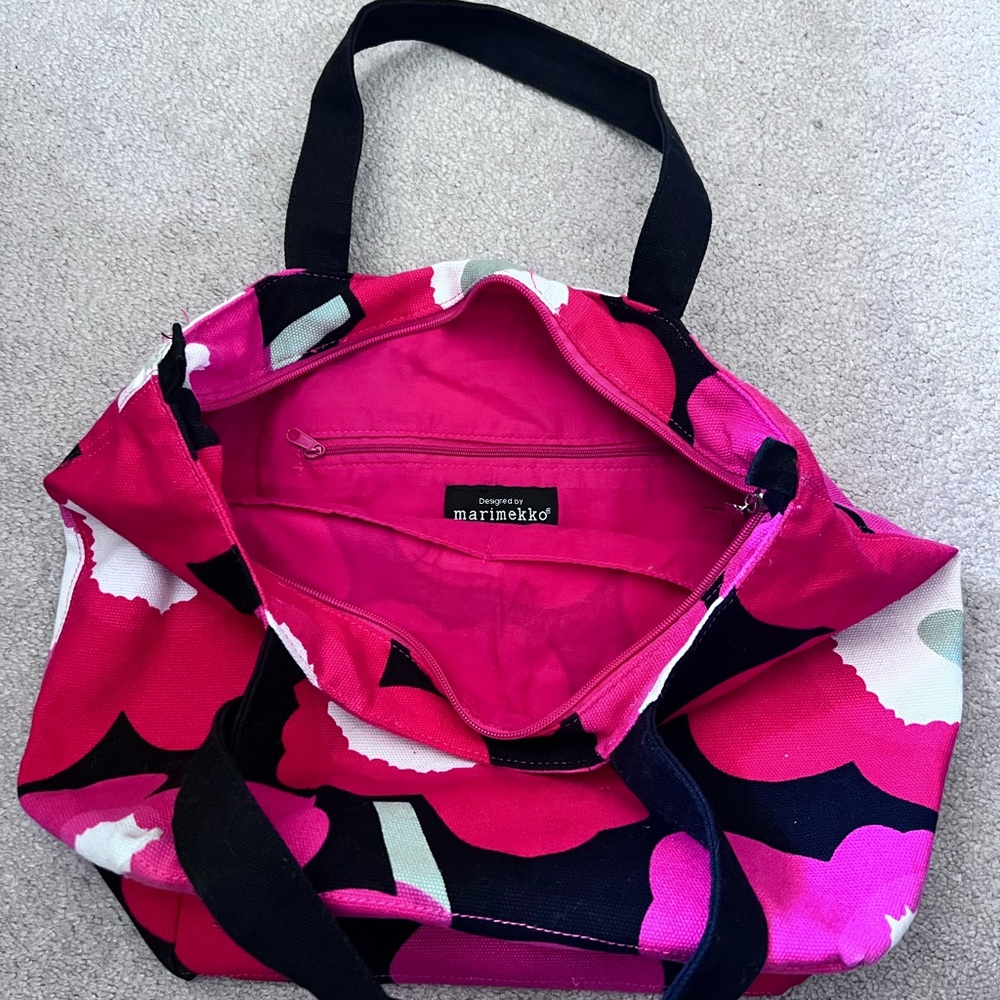 Marimekko Pink and Black Floral Tote Bag - Picture 2 of 3